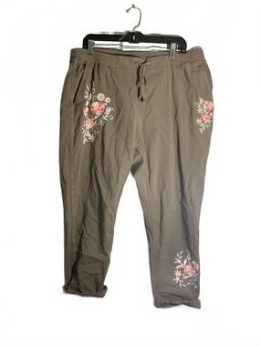 Khaki Floral Embroidered Casual Cropped Pants with Drawstring Waist 16W